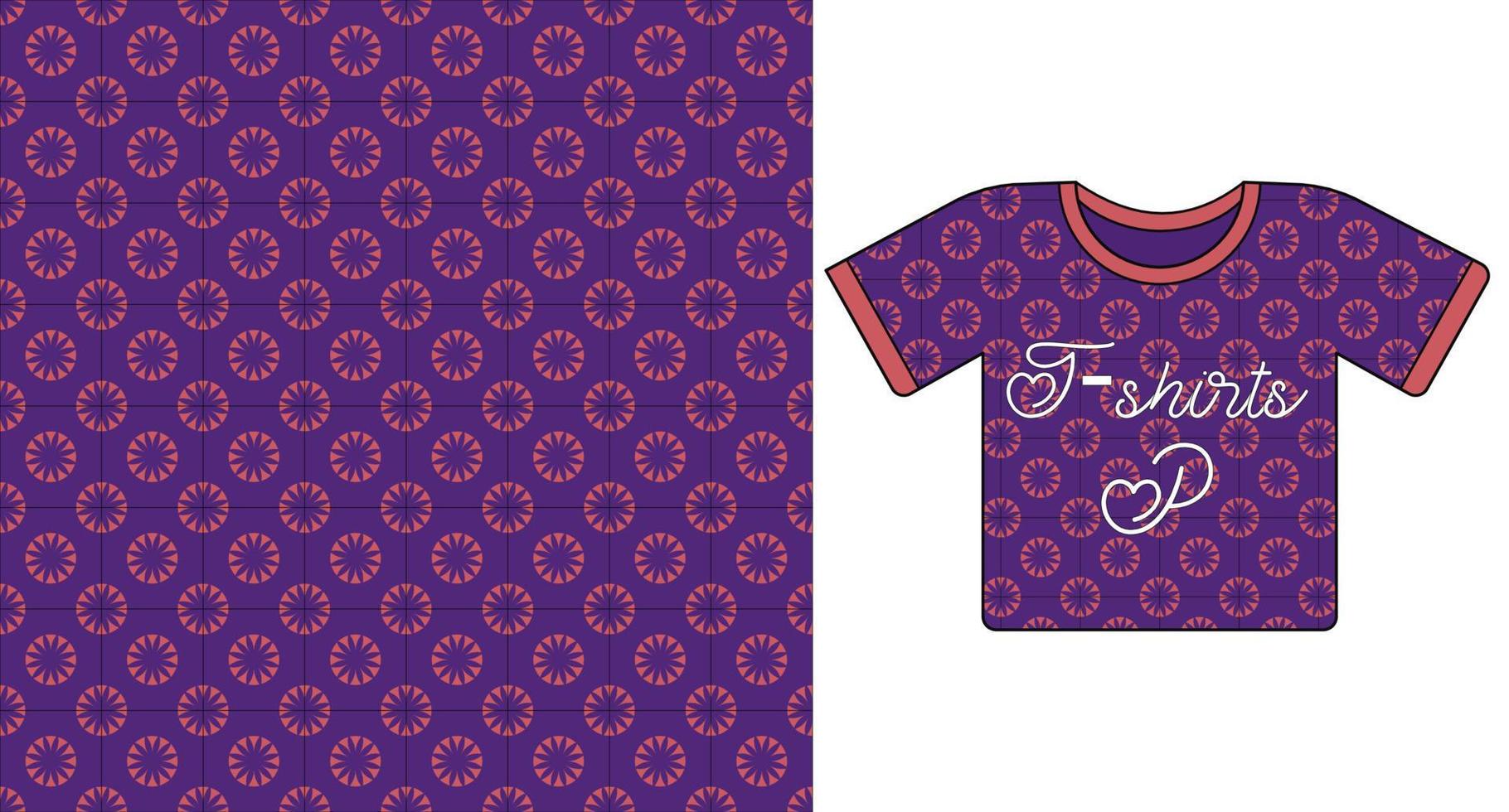 T-shirt top tee fashion flat technical drawing template with purple seamless pattern. Vector illustration