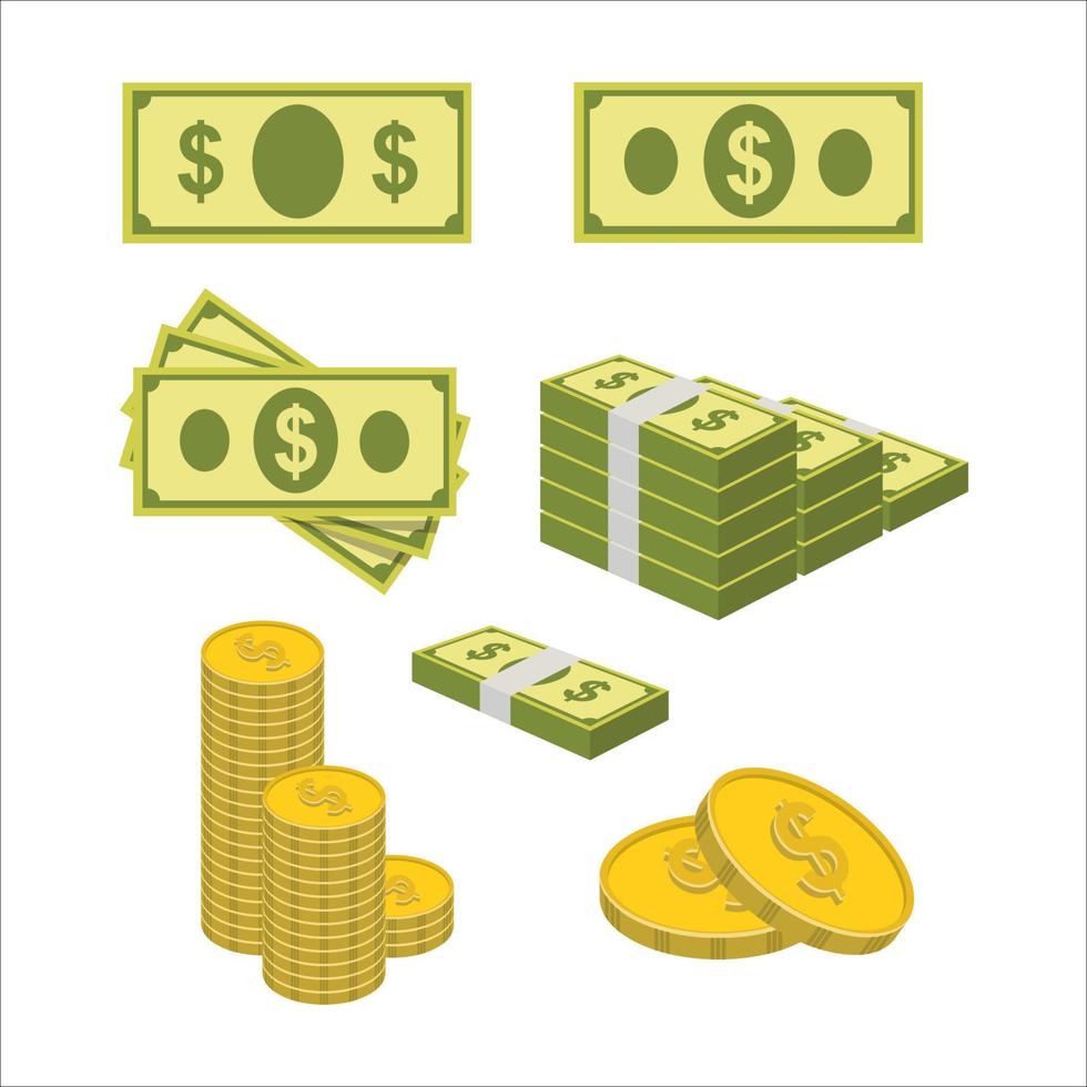 money cash vector illustration. money paper and coin with a dollar sign.  fit for finance, banking, or transaction. flat color style