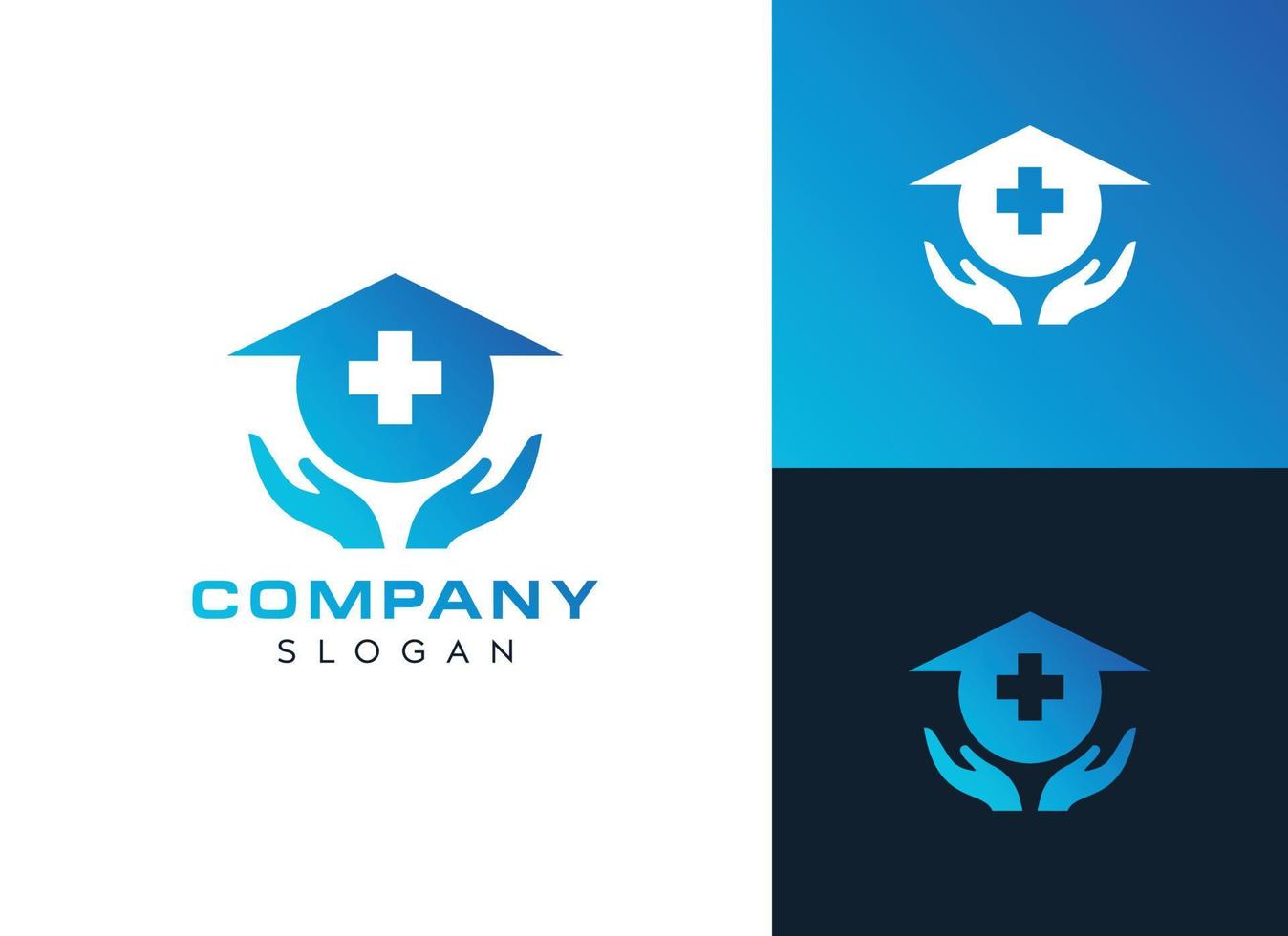Abstract pharmacy medical logo design, pharmacy home with hand vector logo design