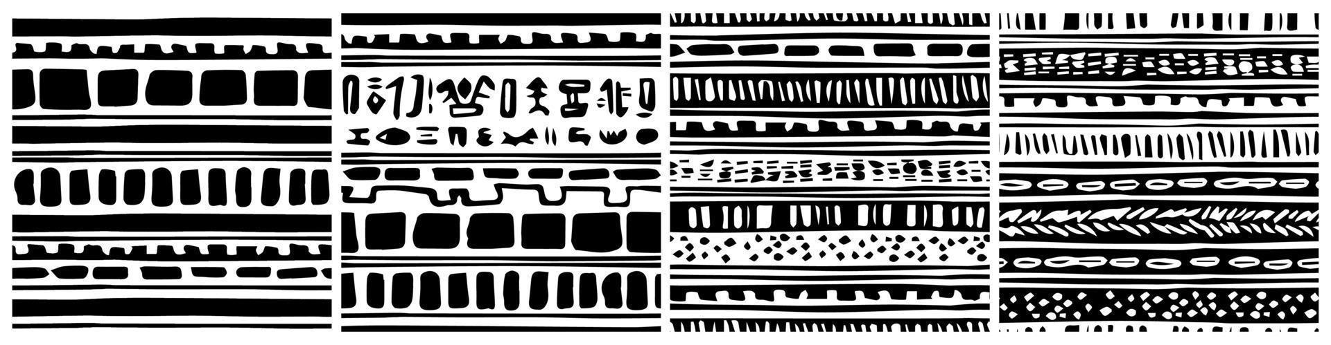 conjunto de borde blanco negro abstracto vector tribal repetir patrón sin costuras efecto envejecido. la ilustración contiene salpicaduras dibujadas a mano, triángulos, rectángulos, rayas, elementos, formas, geometría