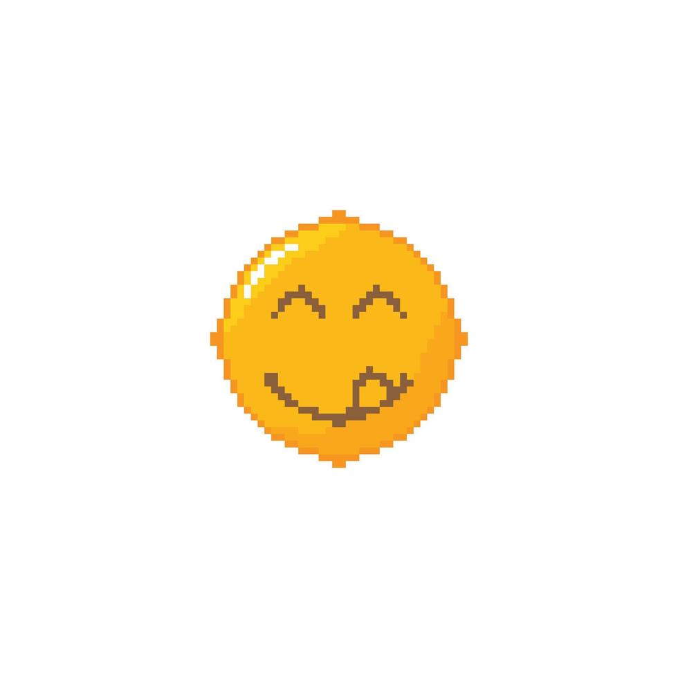 Yummy smile emoticon. Pixel art 8 bit vector icon illustration