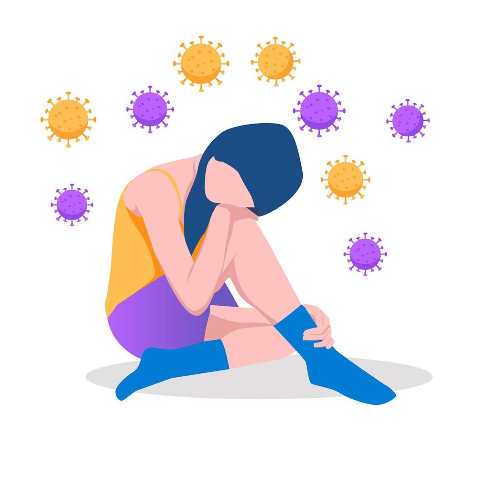 Solitude and depression from social distancing, isolated stay home alone in COVID-19 coronavirus crisis, anxiety from virus infection, Sad unhappy depressed woman sit alone with virus pathogens vector