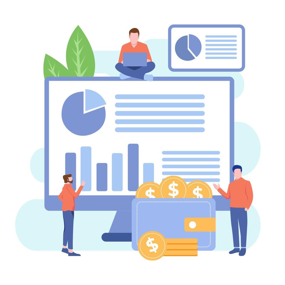 Balance financial value, management and administration concept. Characters, people engineering a plan. Statistic, calculating financial risk graph. Flat isometric characters vector illustration