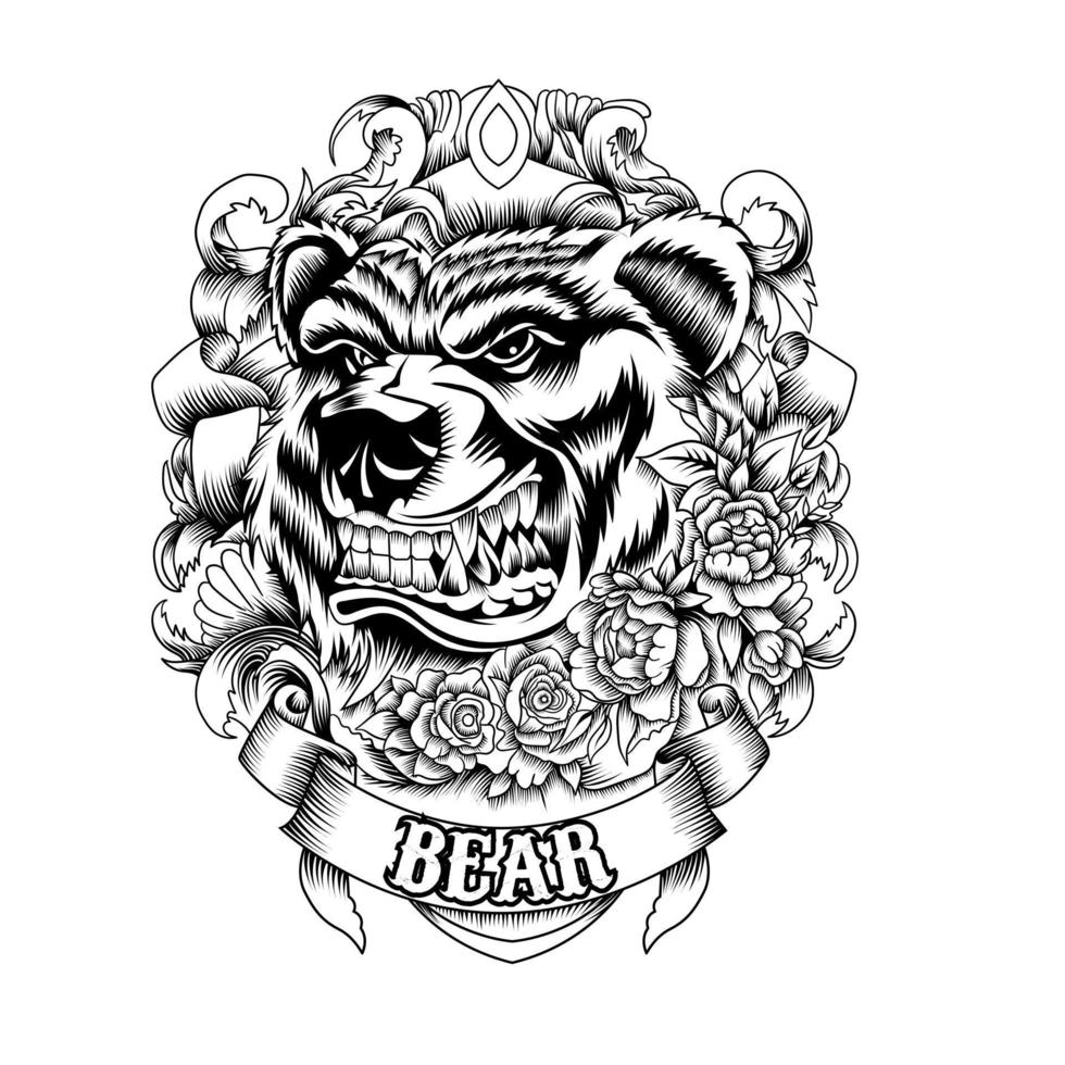 angry bear with roses and ornament around vector