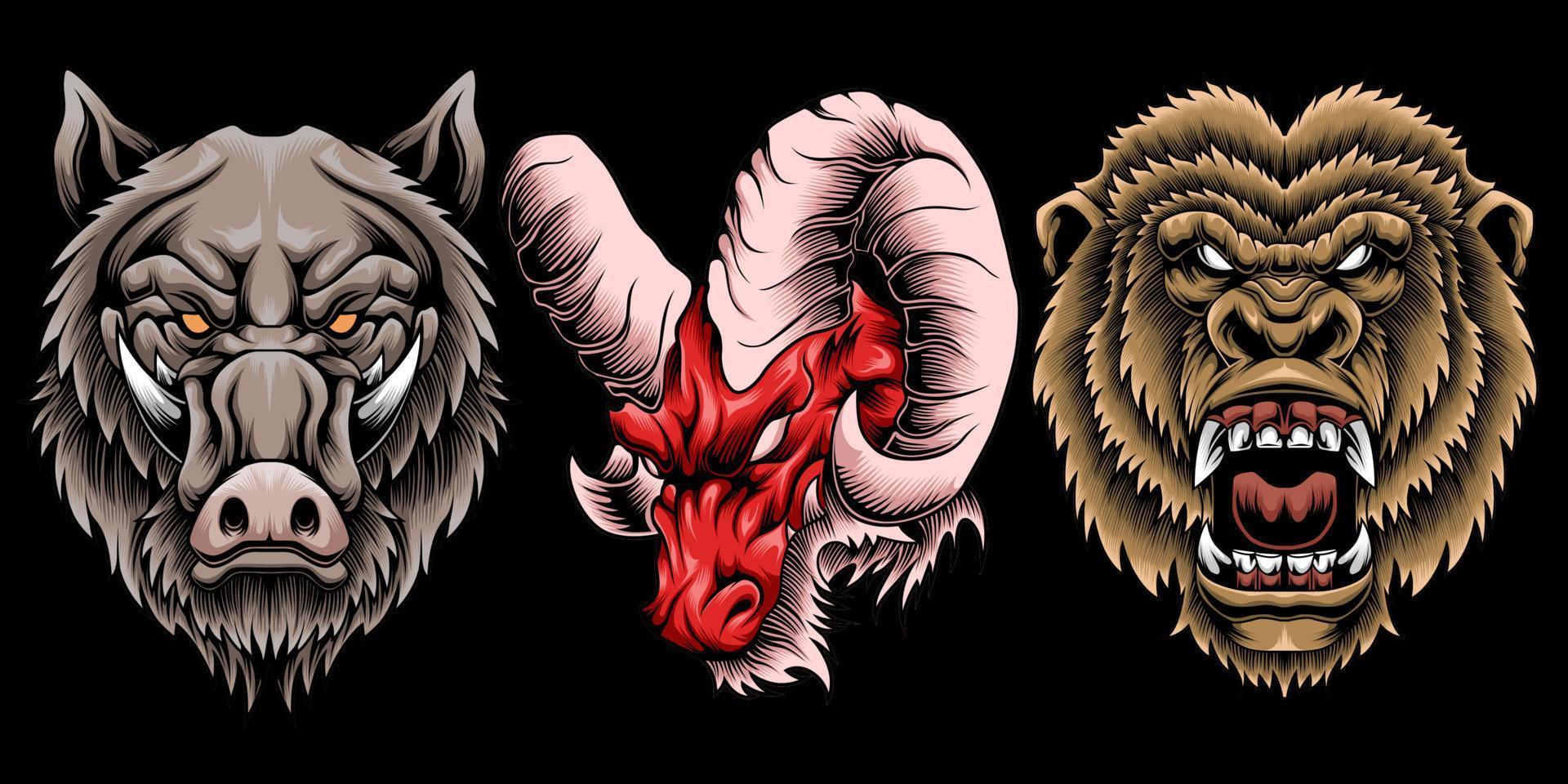 Set of boar, goat, and gorilla illustration isolated on dark background vector