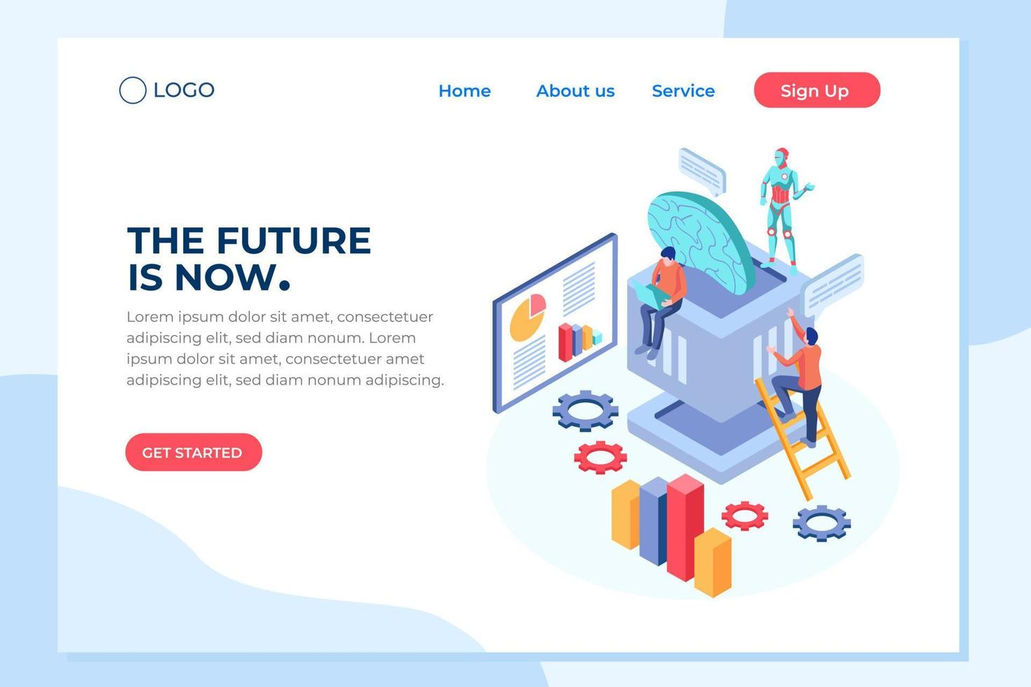 Human interactive tech interaction. Images of robot human working at office, can use for web banner, infographics, hero images. Flat isometric vector illustration isolated on white background