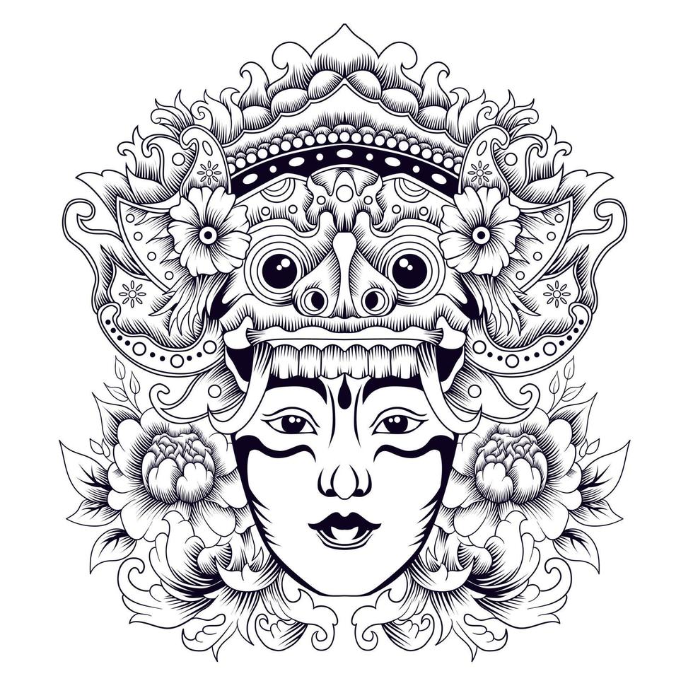 estilo de tatuaje de máscara balinesa barong en blanco y negro vector