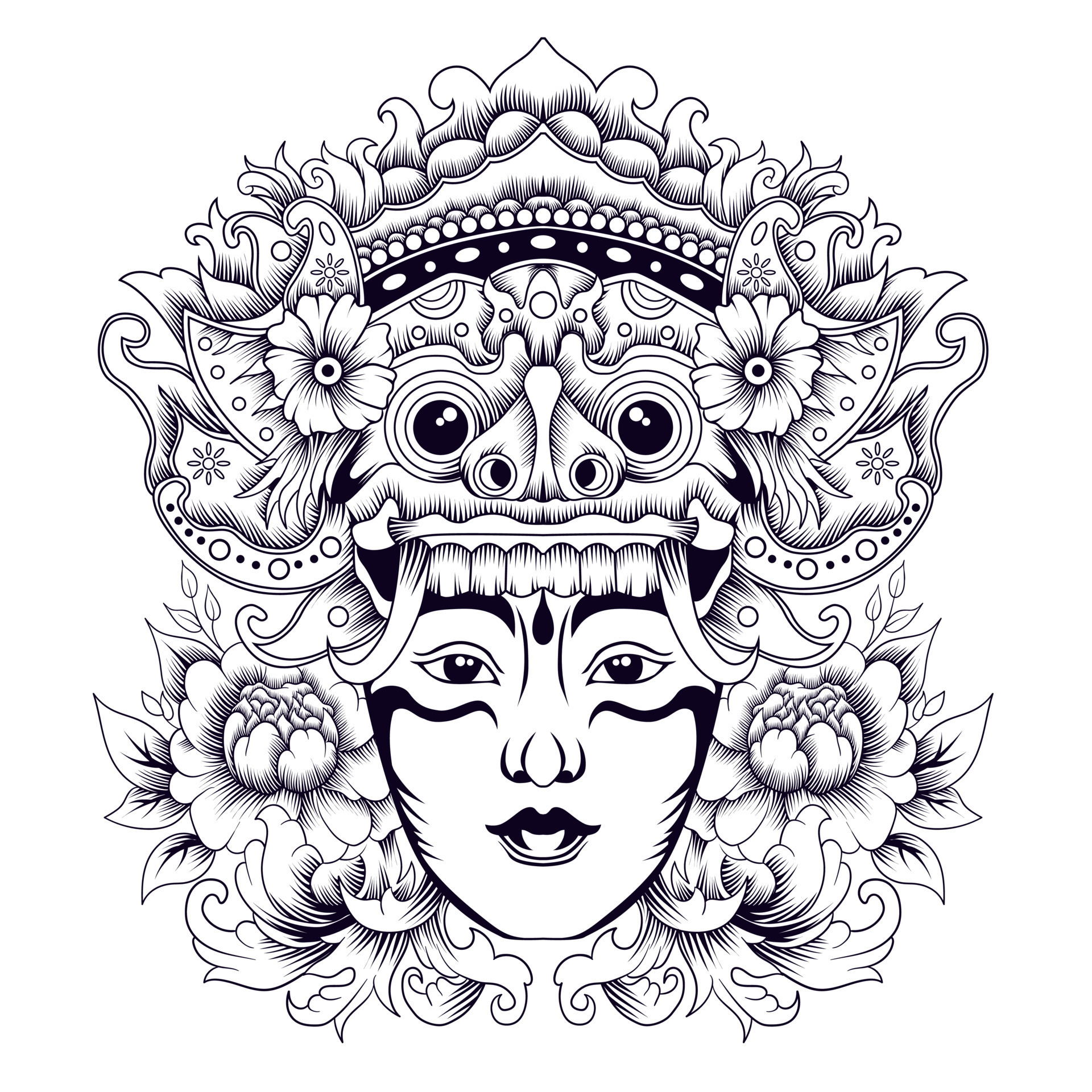 Barong Balinese mask tattoo style in black and white 7721283 Vector Art at  Vecteezy
