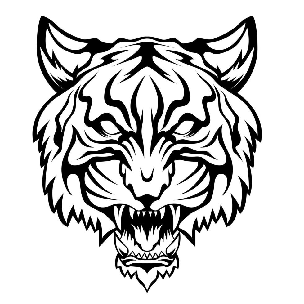 el estilo de tatuaje de cabeza de tigre salvaje en blanco y negro. vector