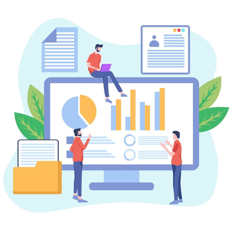 Data analysis concept with characters. Engine strategy, analyzing, infographic of workplace for developers, workspace for creative optimization. Template for web banner, flat design illustration vector