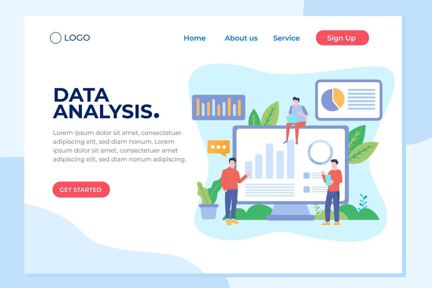 Data analysis concept with characters. Engine strategy, analyzing, infographic of workplace for developers, workspace for creative optimization. Template for web banner, flat design illustration vector