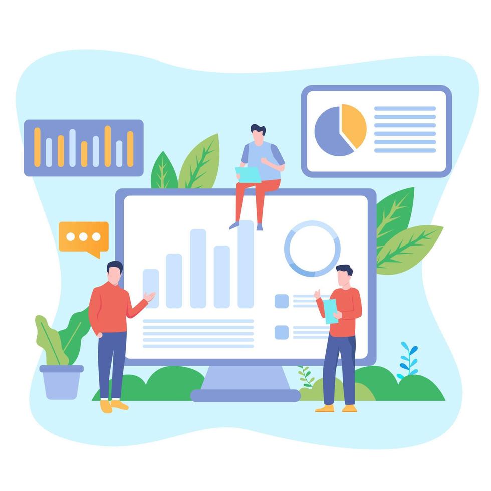 Data analysis concept with characters. Engine strategy, analyzing, infographic of workplace for developers, workspace for creative optimization. Template for web banner, flat design illustration vector