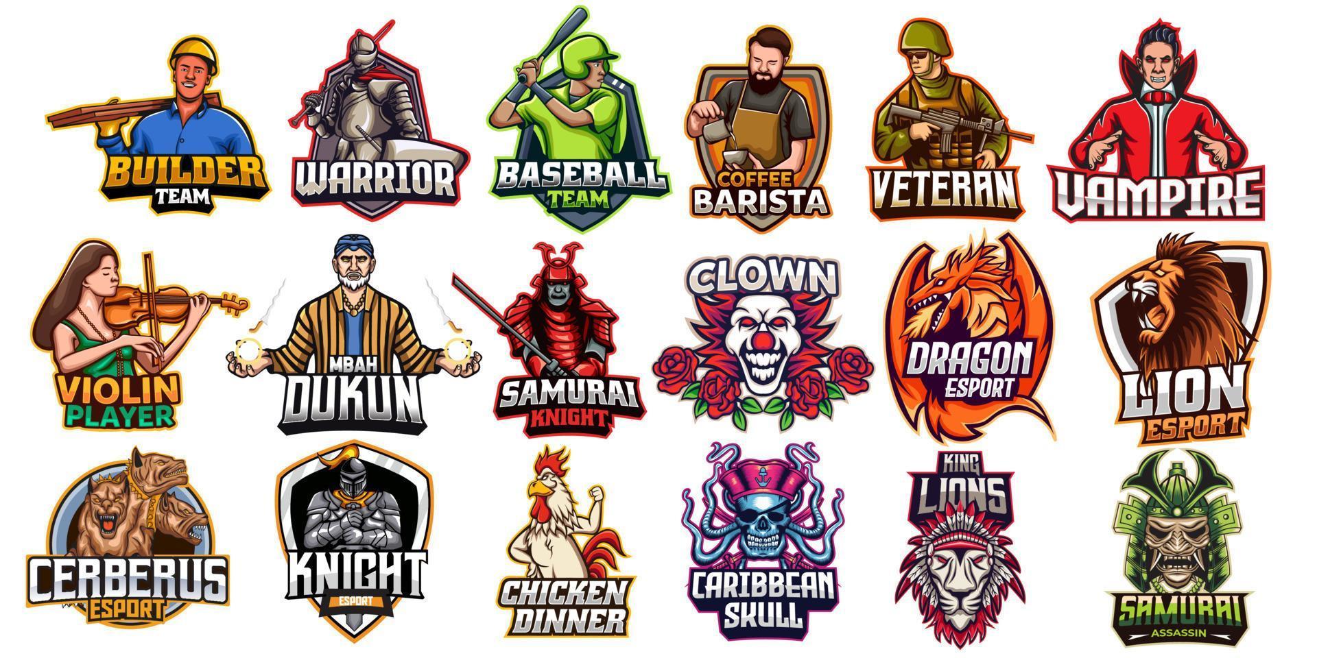 colección de emblemas de samurai, león, cráneo, caballero, cerberus, dragón, payaso, pollo, guerrero, bruja, vampiro, jugador de béisbol. conjunto colorido, ilustración vectorial vector