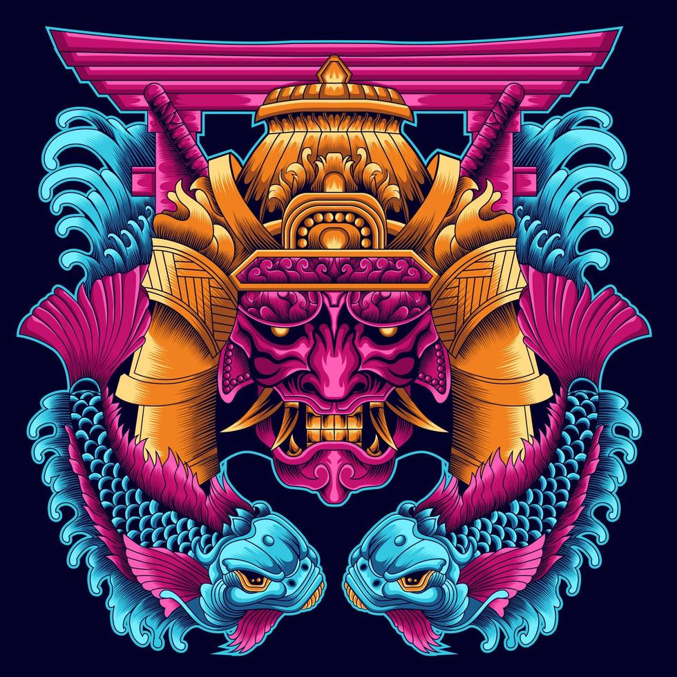 máscara de samurai hannya con ilustración de pez koi vector