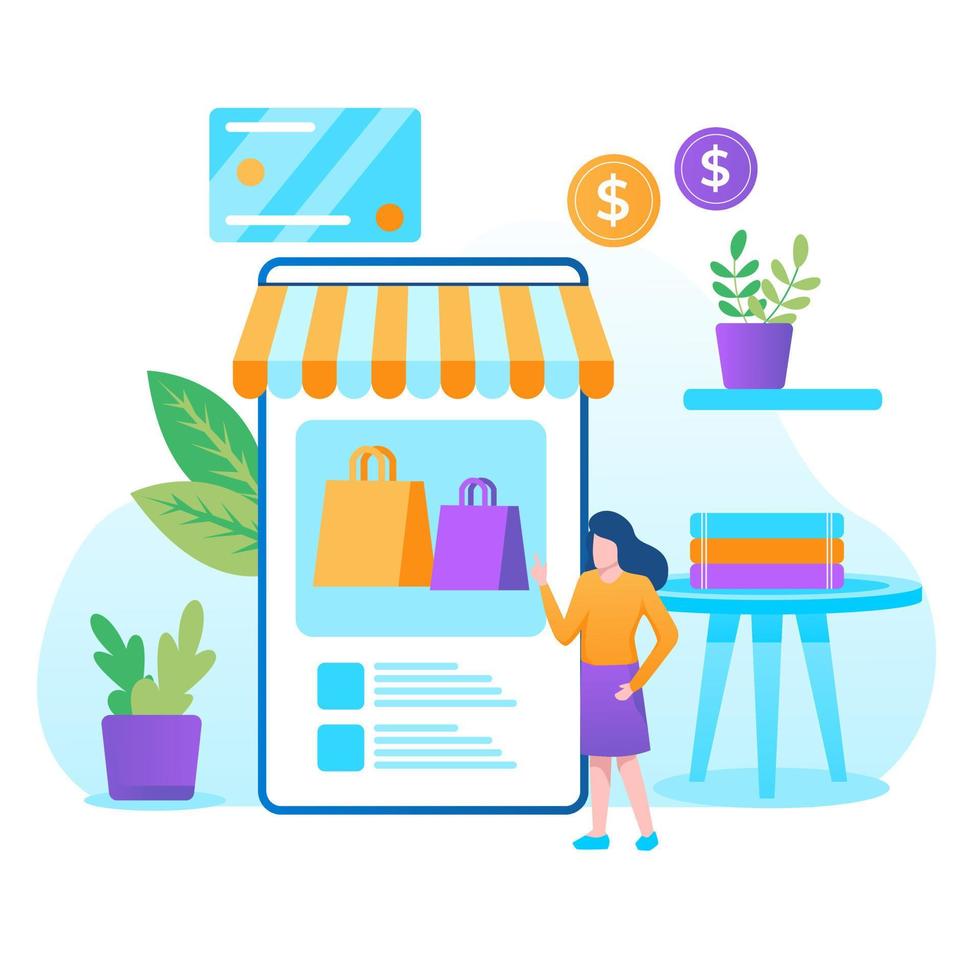 e-shop, concepto de compras con personajes. pago de pago comercial, venta minorista de comercio electrónico en el dispositivo para la aplicación del cliente. descuento para mujer compra inteligente. ilustración vectorial plana vector