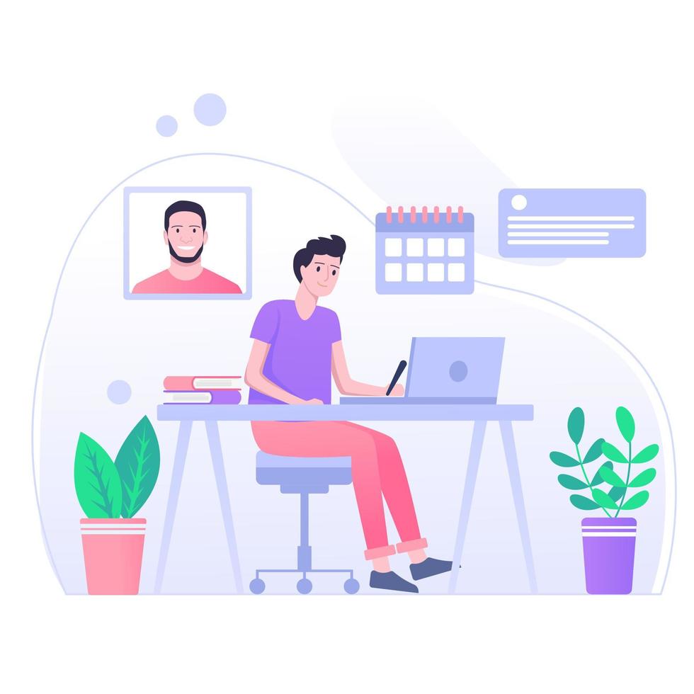 Work from home illustration concept. man working on laptop at home vector