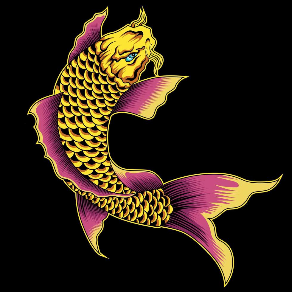 Plantilla colorida de peces koi japoneses dorados en ilustración vectorial aislada de estilo vintage vector