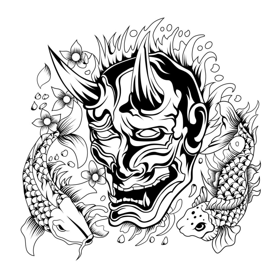 Oni mask with koi fish Vector