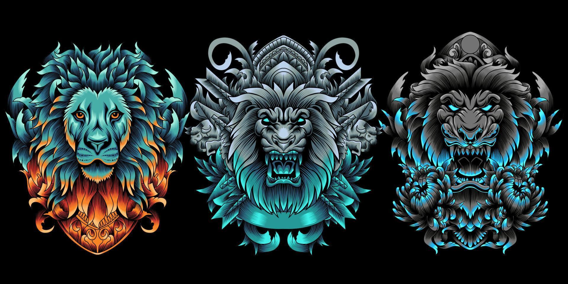 Collection of lion head with ornament in neon color style vector