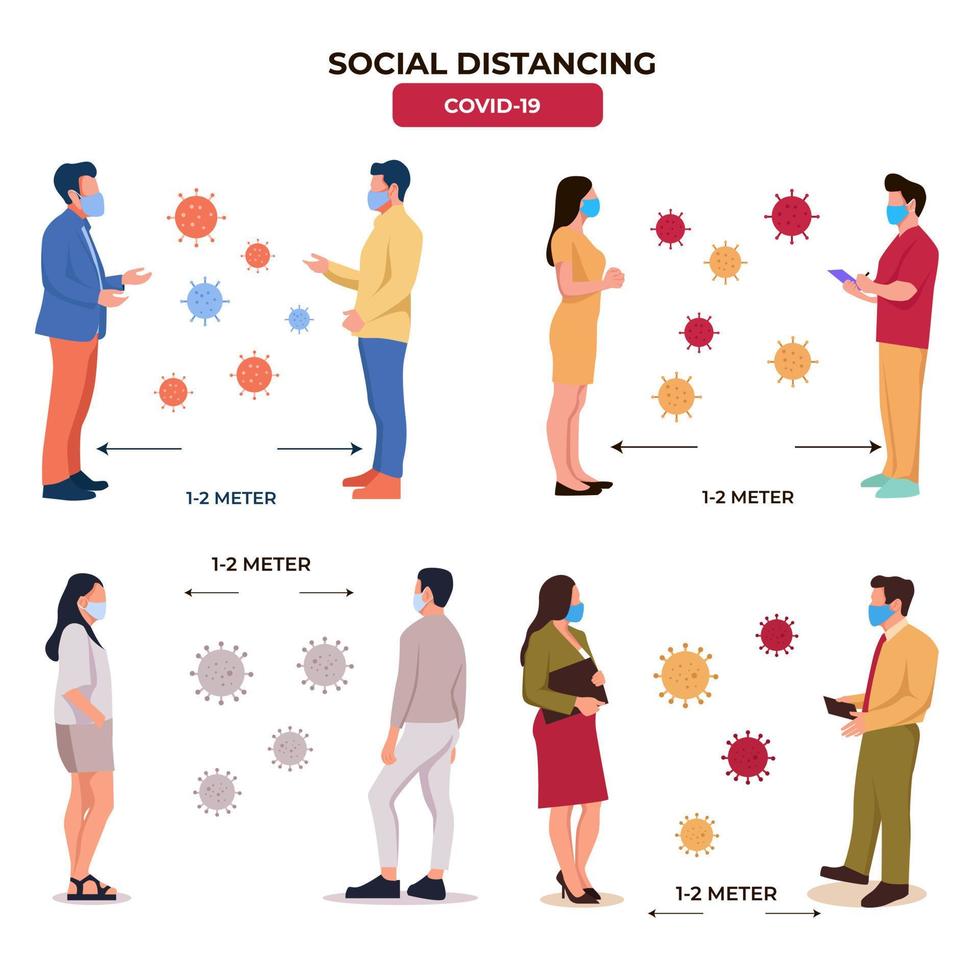 Social distancing, keep distance in public society people to protect from COVID-19 coronavirus outbreak spreading concept, businessman and woman keep distance away in the meeting with virus pathogens vector