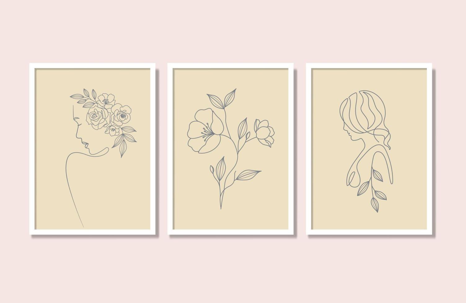 Abstract Natural Beauty Floral Woman And Flower Line Drawing Wall Art Poster Set Drawing vector