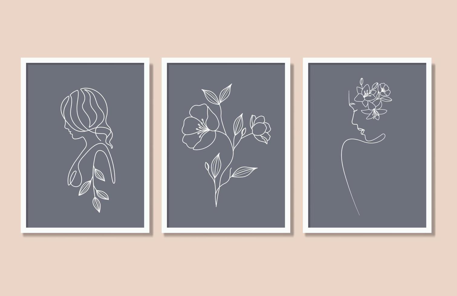 conjunto abstracto de belleza floral mujer y dibujo lineal de flores póster de arte de pared vector