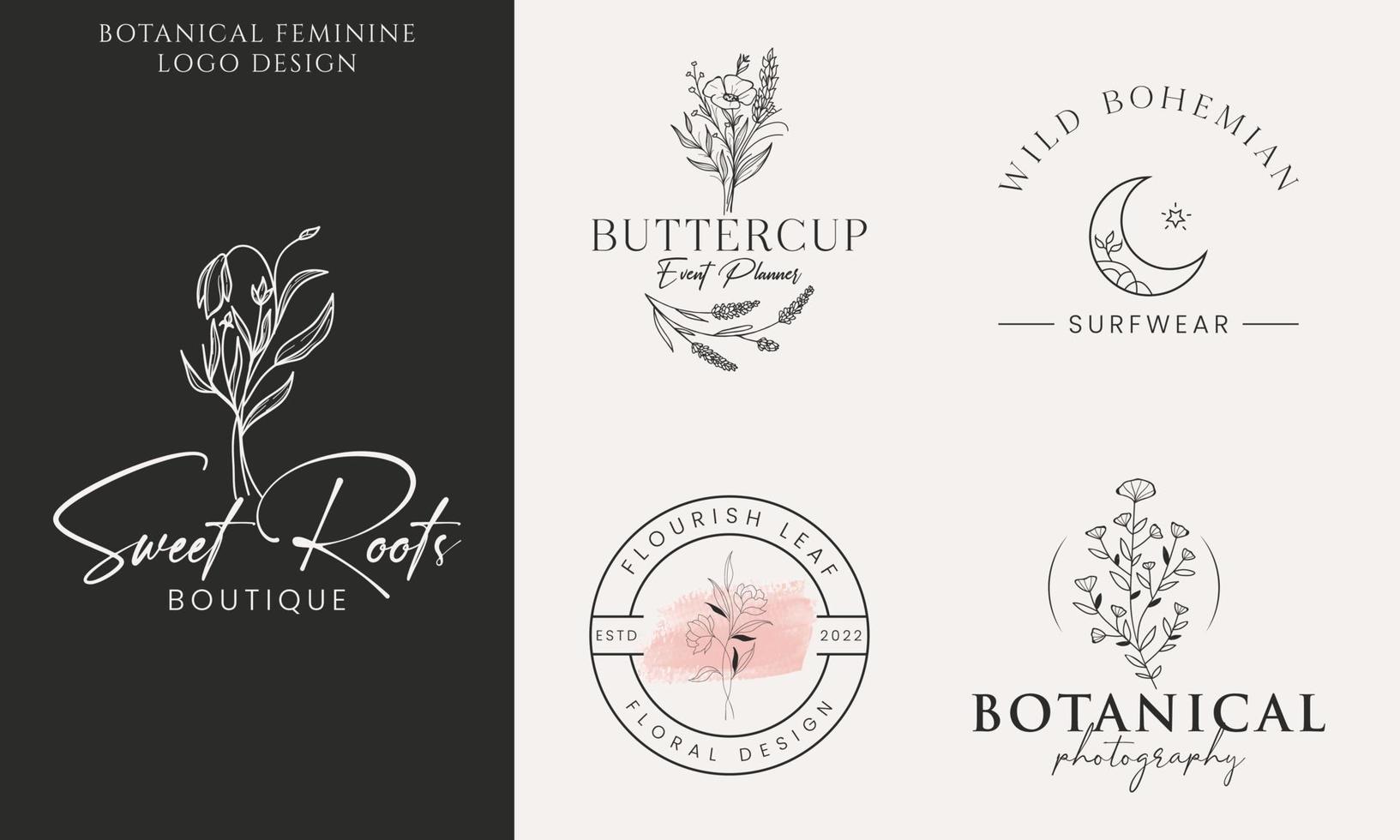 logotipo dibujado a mano con elementos florales botánicos con flores silvestres y hojas. logo para spa y salón de belleza, boutique, tienda orgánica, boda, diseñador floral, interior, fotografía, cosmética. vector