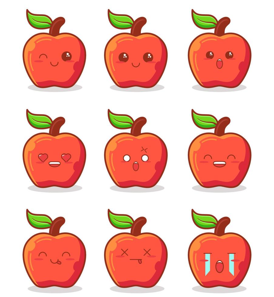 linda colección de manzanas con emoticonos kawaii vector