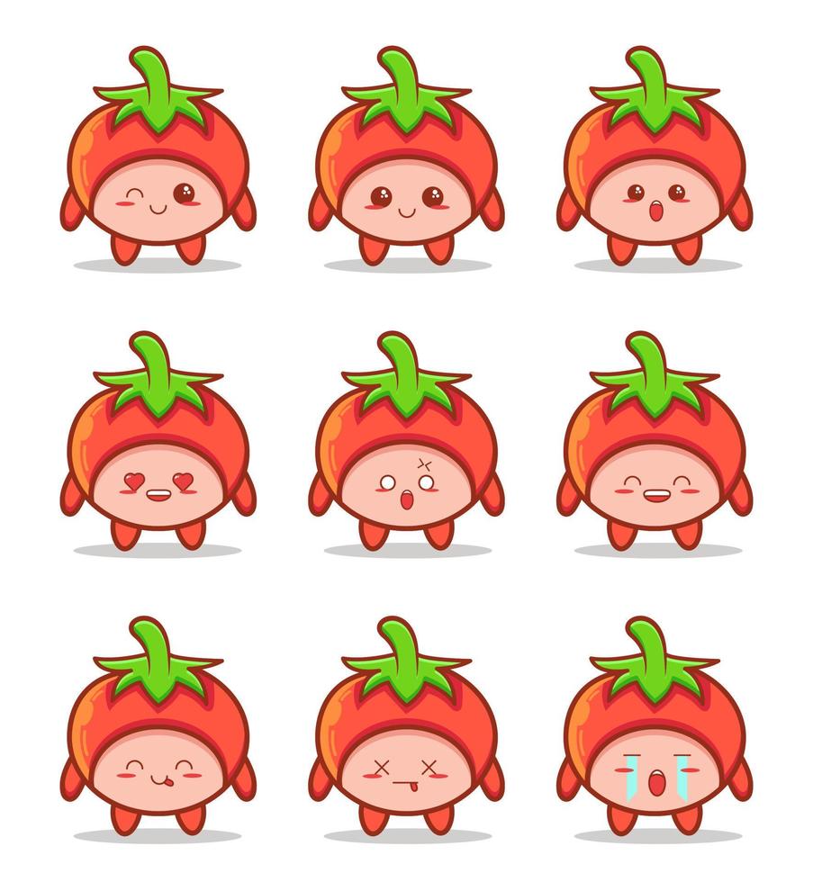 linda colección de emoticonos kawaii de tomate vector