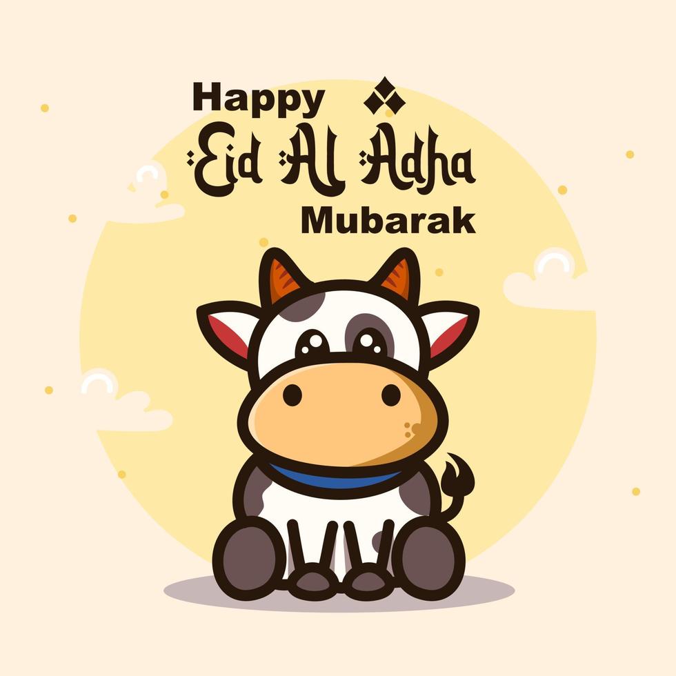 happy eid al adha mubarak with cute cow vector