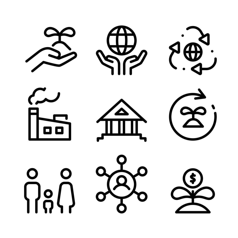 ESG concept. Environmental, social, and corporate governance related editable stroke outline icons set vector