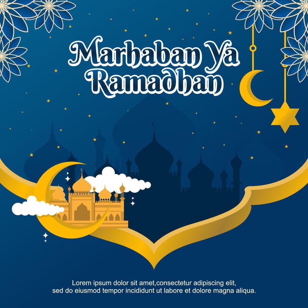 Ramadan greeting concept with illustration of mosque, lantern, moon, stars on islamic background vector