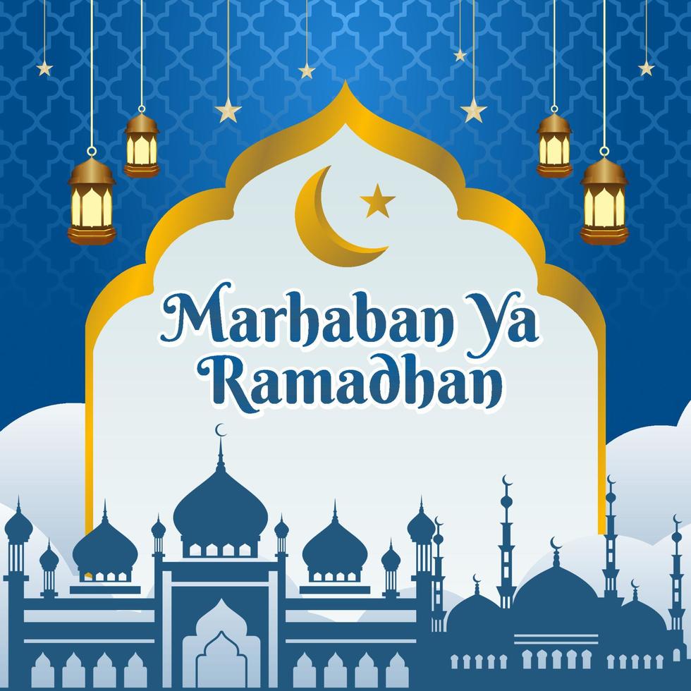 Ramadan greeting concept with illustration of mosque, lantern, moon, stars on islamic background vector