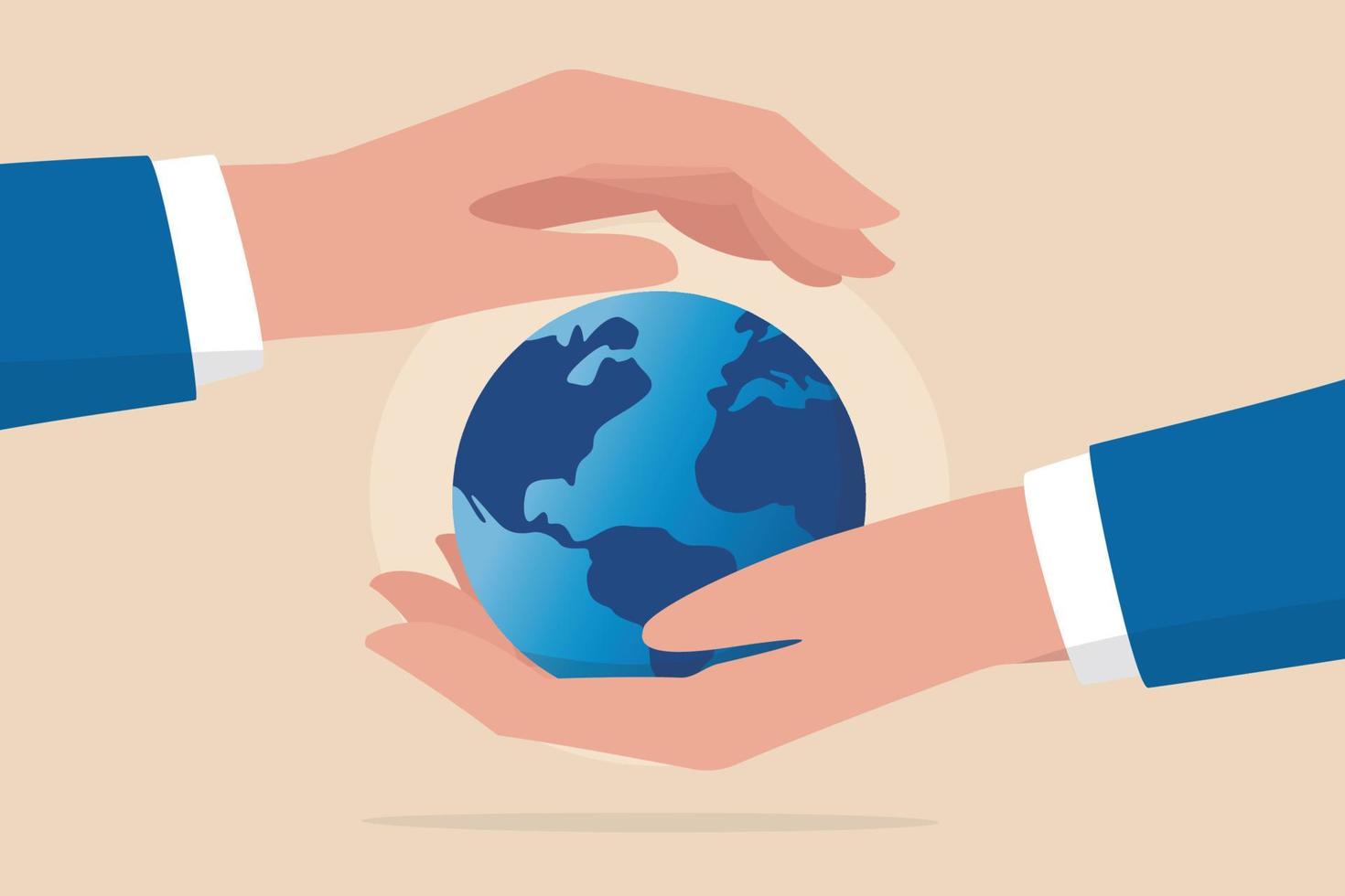 Save the world, peace or ecology, sustainability and environment protection, world care and support concept, businessman hand holding planet earth with care and other hand cover for protection. vector