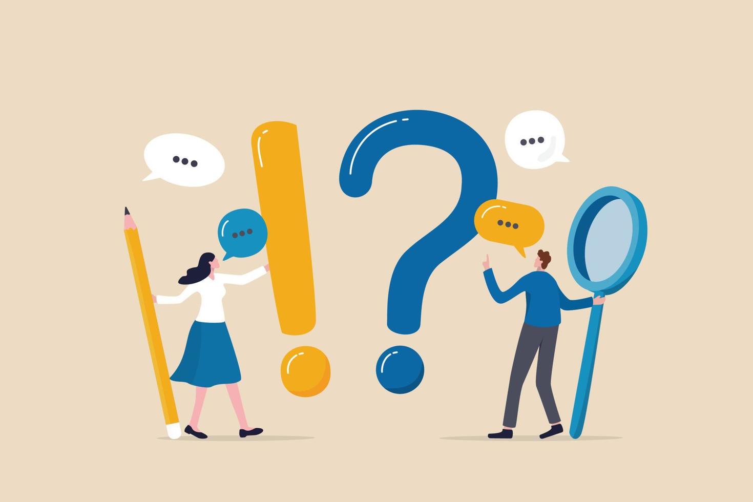 Question and answer, FAQ, frequently asked questions or problem solving, solution or support idea concept, businessman and woman with exclamation mark, question mark with speech bubble conversation. vector