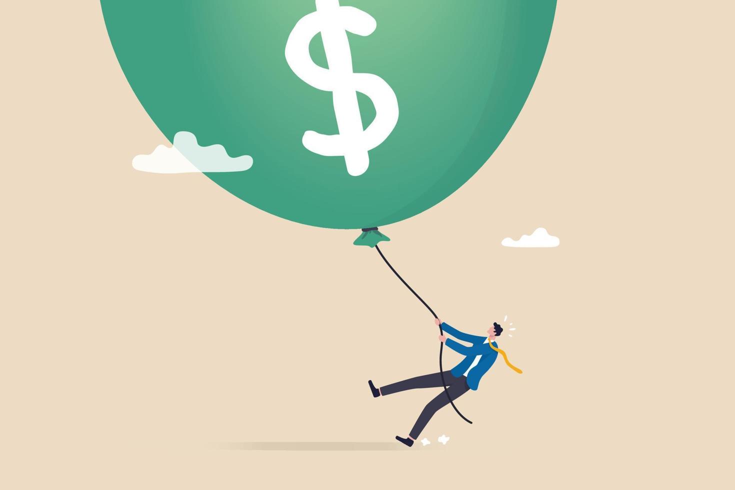 FED, Federal Reserve try to tame inflation down by interest rate hike, economic risk or investment bubble concept, businessman Federal Reserve or government try to pull big inflation balloon down. vector
