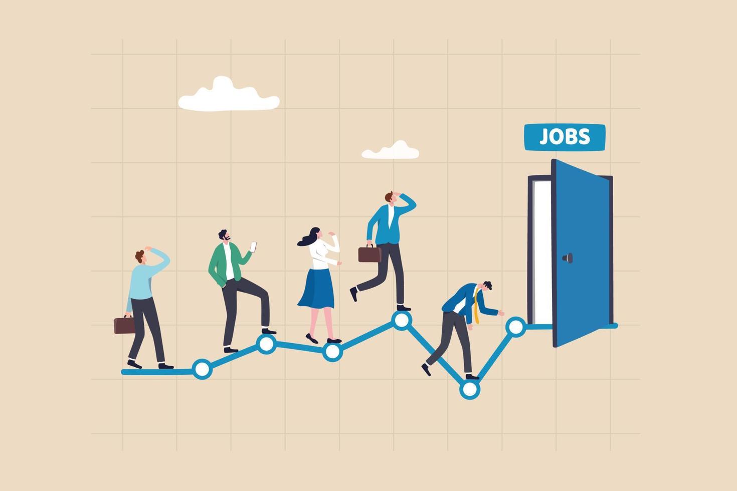 Unemployment rate or hiring position statistics or forecast, economy growth or recession, new worker or corporate job concept, business people queue in line on unemployment graph diagram applying job. vector