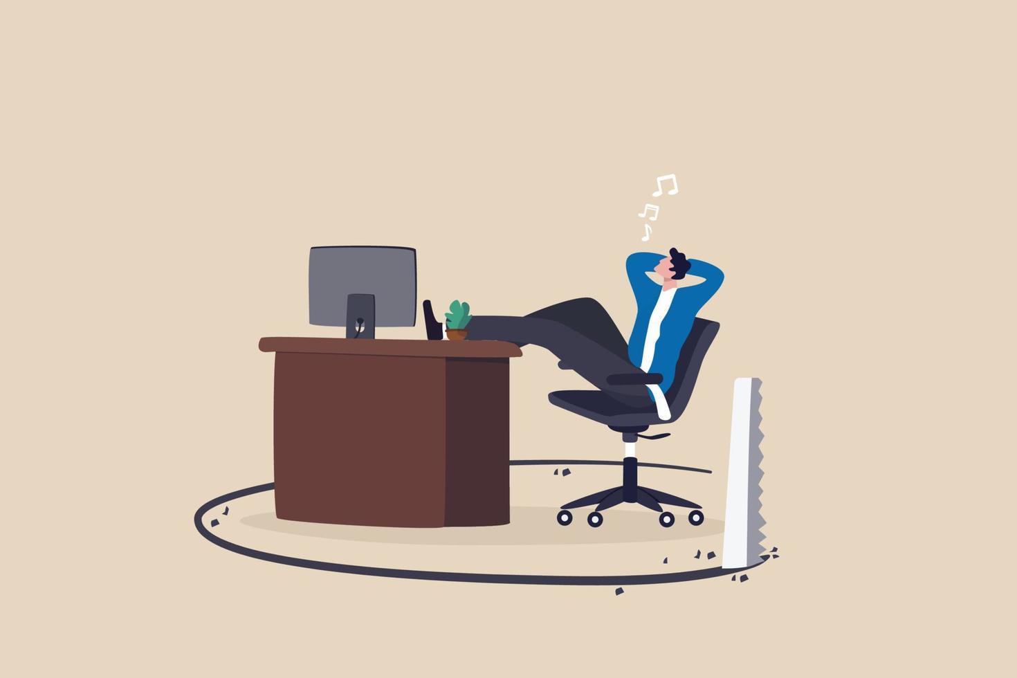 Toxic office, jealousy colleagues, office abuse or bullying, betrayal or threats, failure comfort zone or work problem concept, businessman getting chill on his desk being sawing floor broken down. vector