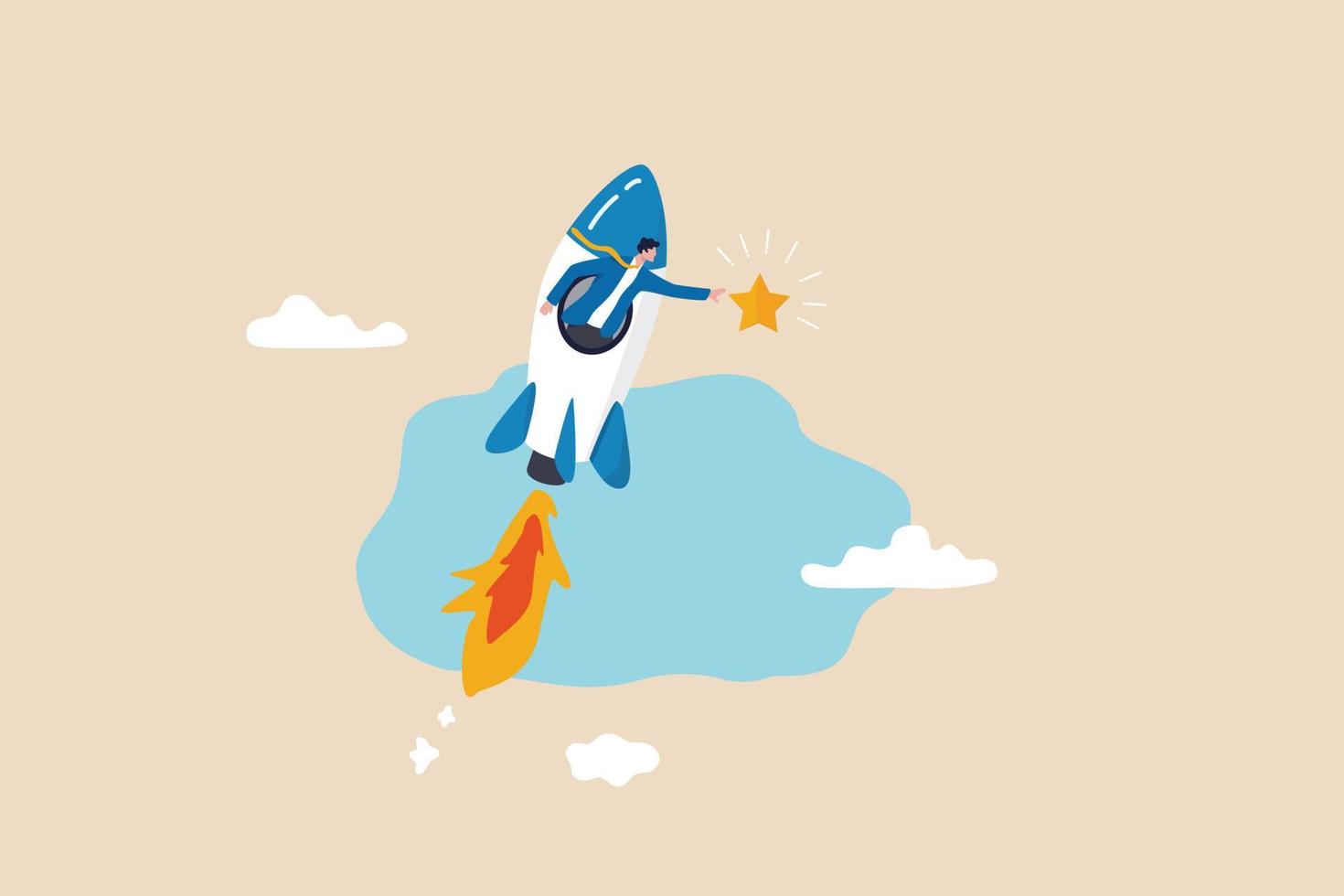 Innovation to help or support work success, entrepreneurship or winning business challenge, work opportunity or business accomplishment concept, businessman riding fast rocket to catch golden star. vector