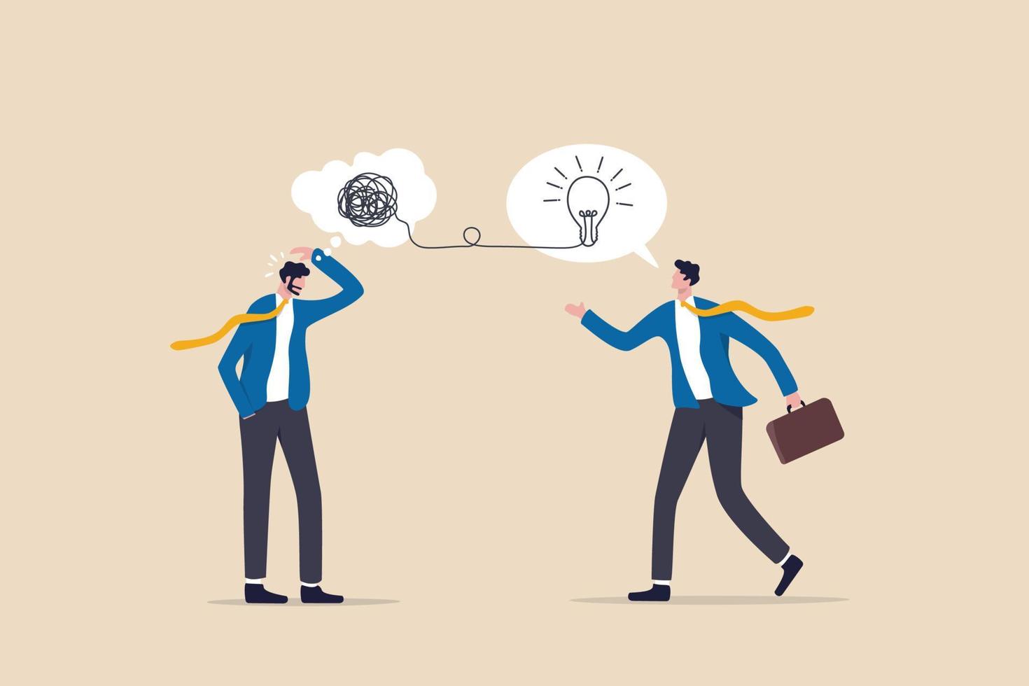 Problem solving skill to think of solution, creativity to solve difficult issue, resolution or coaching to help trouble, confused businessman with messy thinking with other giving lightbulb solution. vector