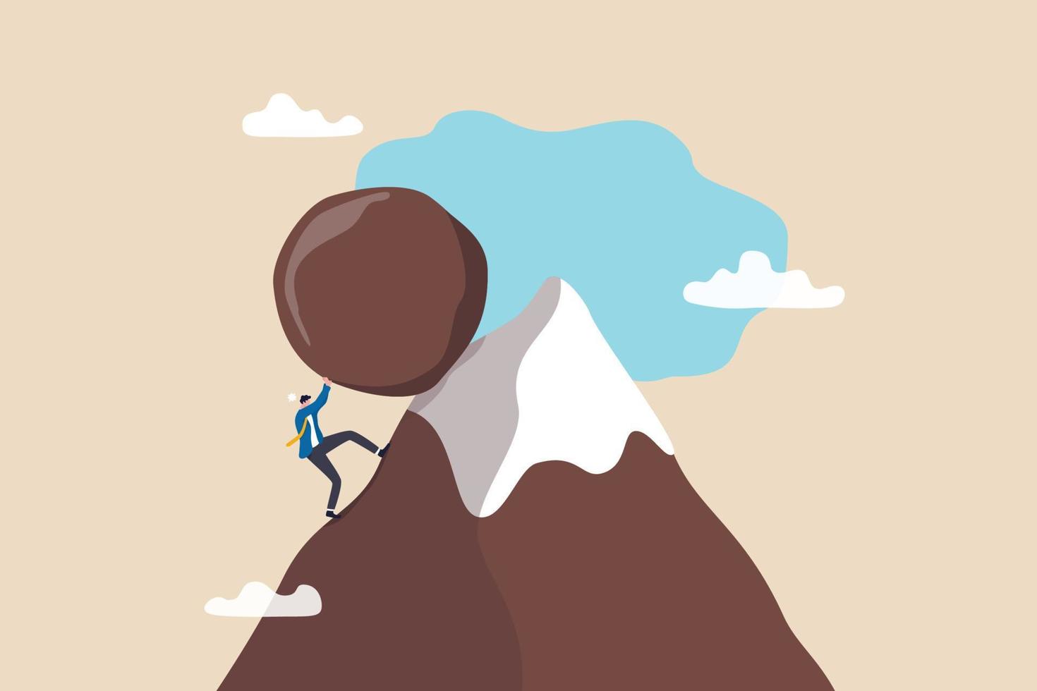 Hard work like pushing boulder uphill, burden or obstacle, business difficulty, struggle, challenge to success, motivation or persistence concept, businessman pushing boulder uphill to mountain peak. vector
