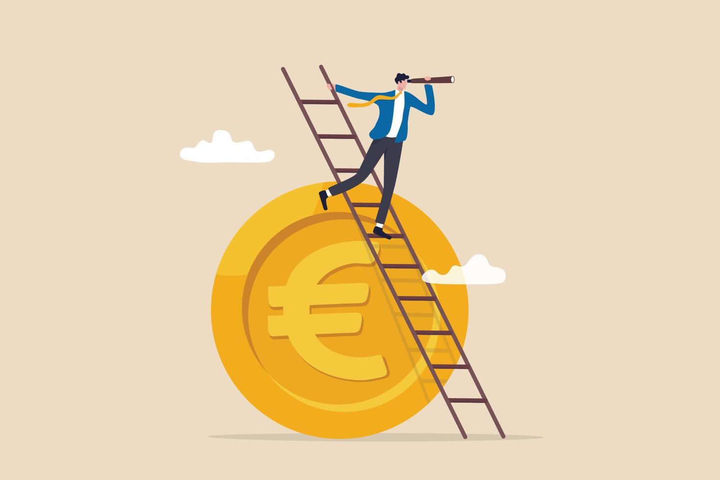 pronóstico o visión de la economía de europa, recesión financiera o económica de la ue por delante, mirar para ver el concepto futuro, empresario inversionista subir la escalera en la moneda de euro mirar en el telescopio para una visión clara. vector