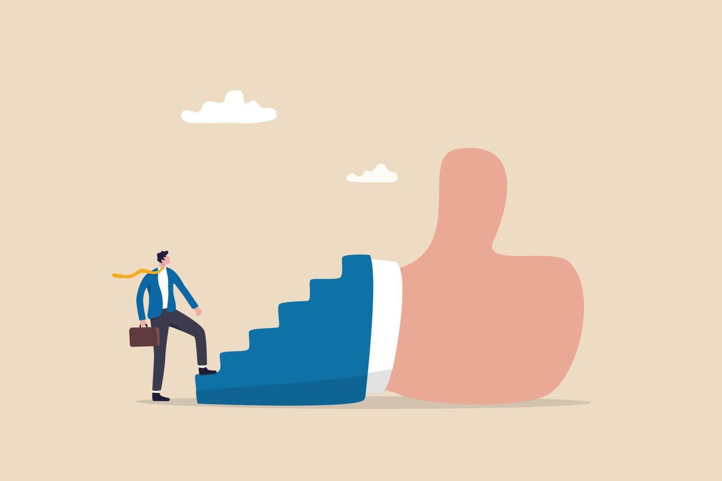 Success steps to reach work achievement, stair or ladder of success, self improvement or career development, step to succeed and reach goal concept, businessman begin to walk up stair to thumb up. vector