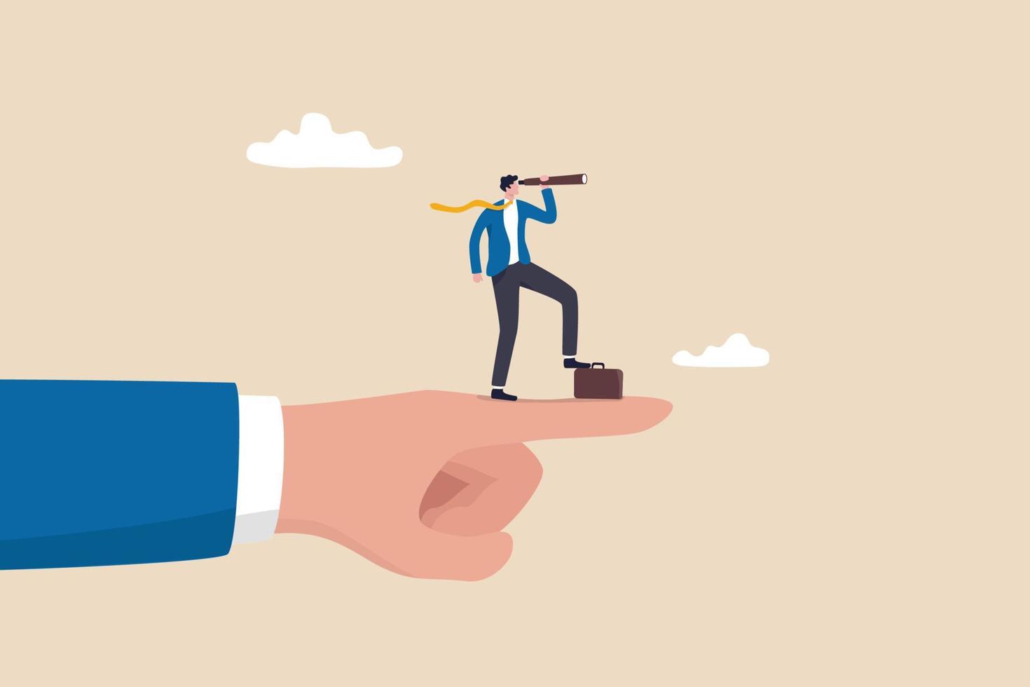 Vision to see business direction, economic forecast or future, strategy to success or business objective, career path concept, businessman on giant pointing finger with telescope to see vision. vector