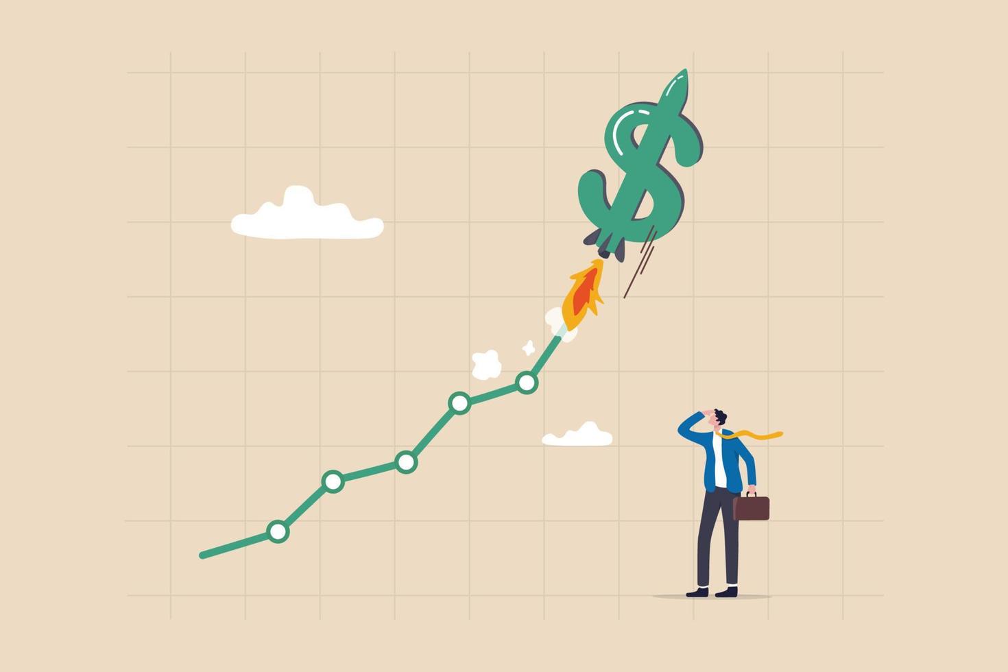 US Dollar value rising due to interest rate hike, exchange rate or financial report, economy or investment concept, businessman investor look at dollar sign rocket flying high on exchange chart. vector