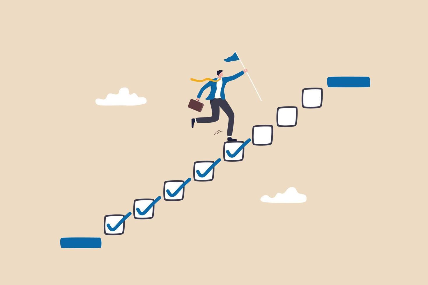 Progression from start to success, development or improvement, challenge to progress and win competition, tasks completion to finish project, businessman step on checklist to progress to target. vector