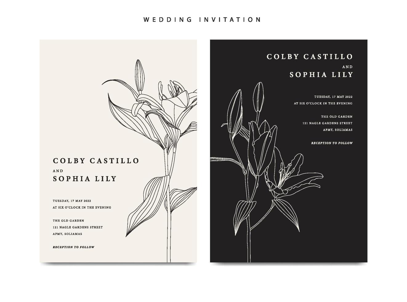 Minimalist wedding invitation template with lily floral vector