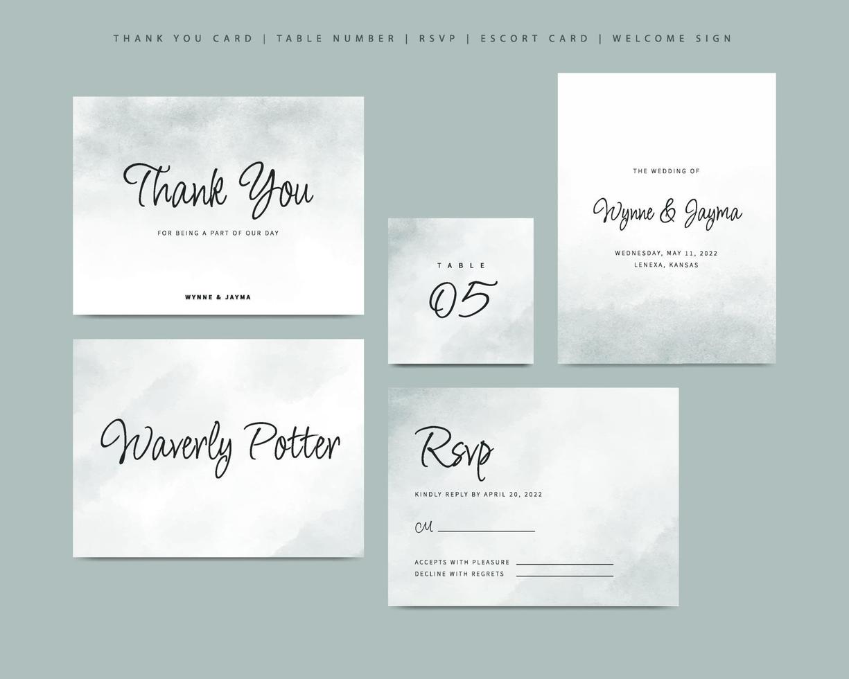 Minimalist wedding stationery template with green watercolor vector