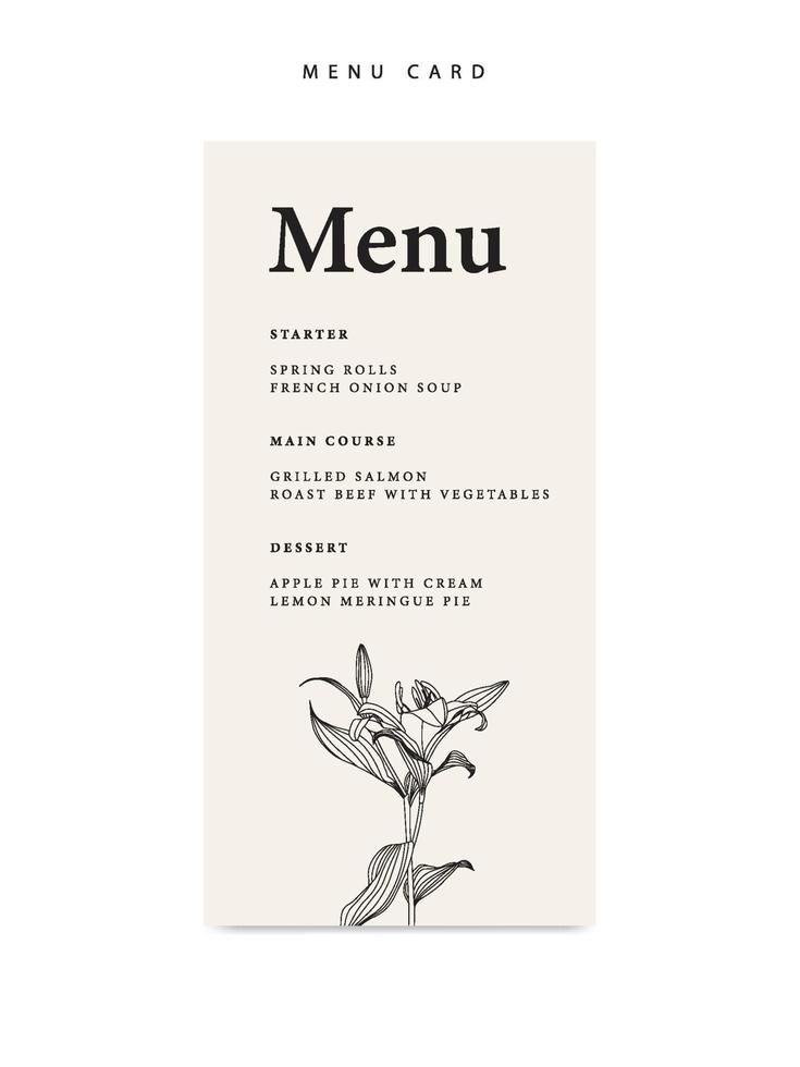 Minimalist wedding menu template with lily floral vector