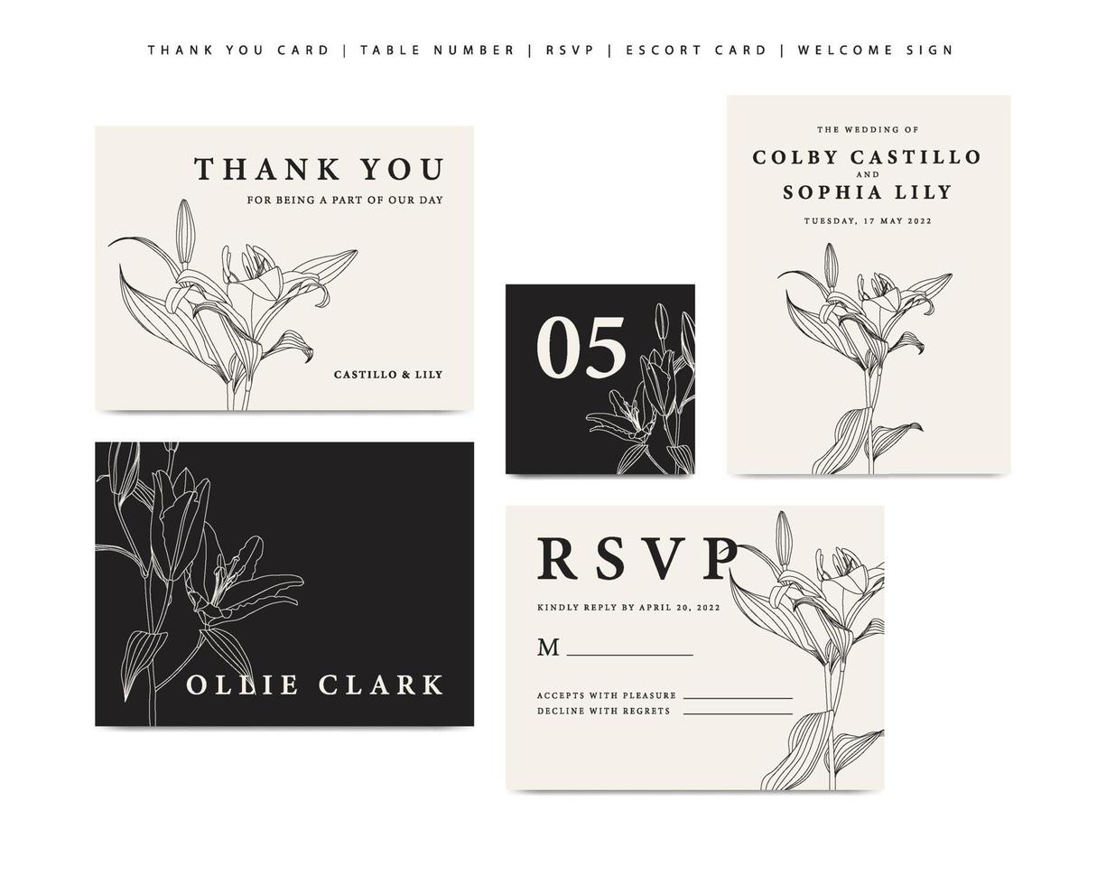 Minimalist wedding stationary template with lily floral vector